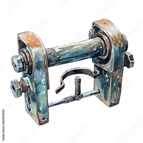 Vise clamp with strong jaws, watercolor illustration, isolated on a white background.

