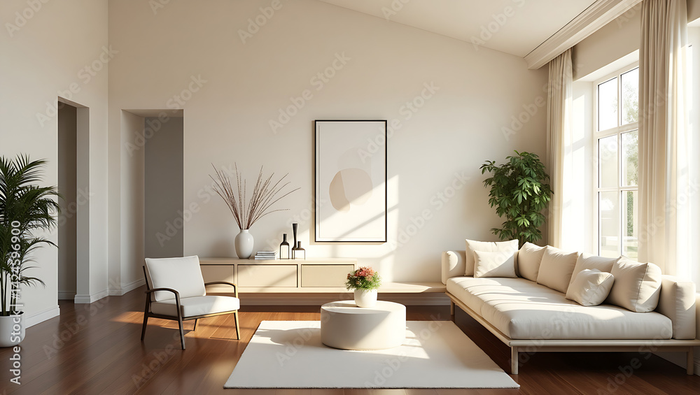 Fototapeta premium Bright Modern Living Room with Arched Windows and Neutral Palette