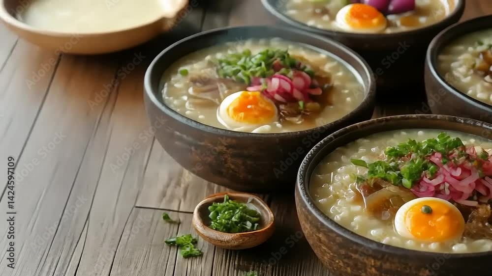 Bowls of rice porridge with boiled egg