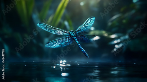 A close-up of a neon-colored rainforest dragonfly hovering above a calm water surface.