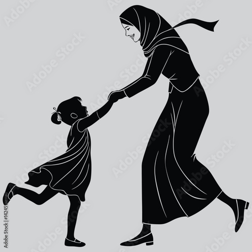 Wearing hijab  Mother dancing with child image silhouette design vector art and illustration	