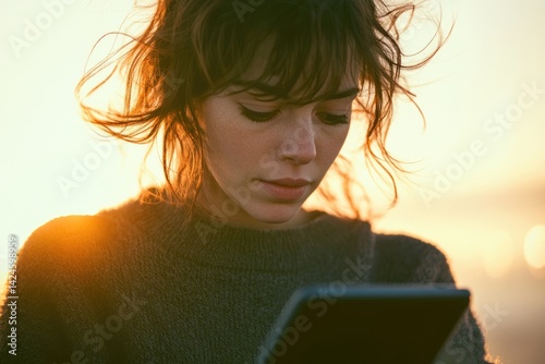 Young woman with windblown hair uses tablet at sunset, peaceful and serene moment.