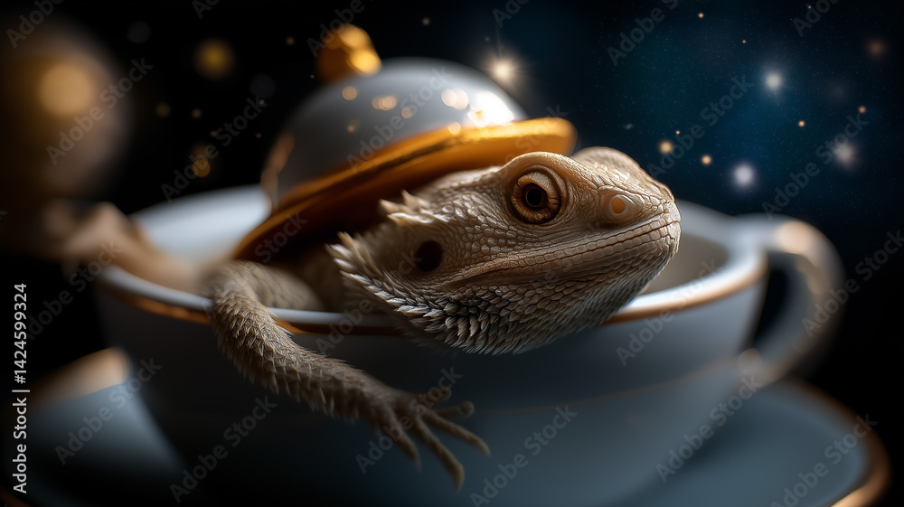 Bearded dragon wearing tiny hat, floating in teacup spaceship, stars in background, surreal space light Bearded dragon wearing tiny hat, floating in teacup spaceship, stars in background, surreal space light