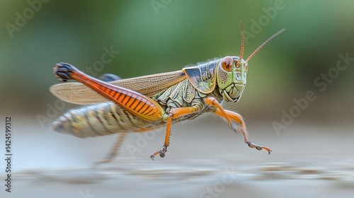 Close-up of a vibrant grasshopper in motion.  Detailed view of its colorful body, legs, and antennae.  Natural setting