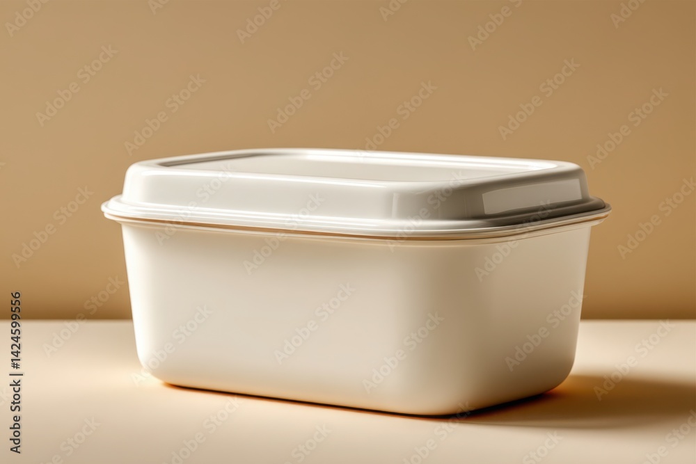 Ecofriendly food storage container mockup for design white plastic box with lid, beige background, ideal for meal prep and takeout