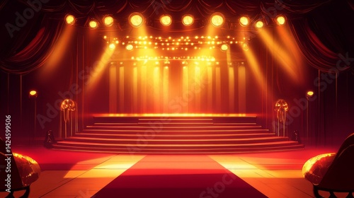 Blue Purple Golden Stage Spotlights Awards Graphics Background Celebration. Red Carpet Entry Show. Entertainment Hollywood Bollywood Template Design. Awards Background Theater Drama Steps Floor. 