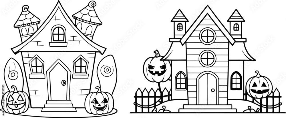 Fototapeta premium Halloween House Coloring Page, cute Halloween houses with pumpkins and fences, perfect for coloring Great for kids and Halloween fun.