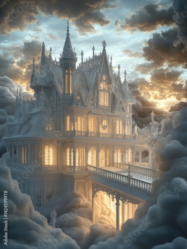Ethereal Gothic Mansion in a Dreamlike Cloudscape