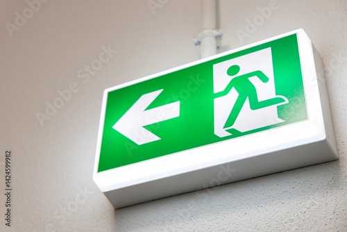 Fire Emergency exit sign on the wall background inside building. Safety concept