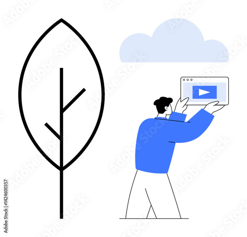 Tree outline and cloud icon accompany a man displaying a digital video interface. Ideal for nature, technology, sustainability, eco-education, digital media, online interaction, simple landing page