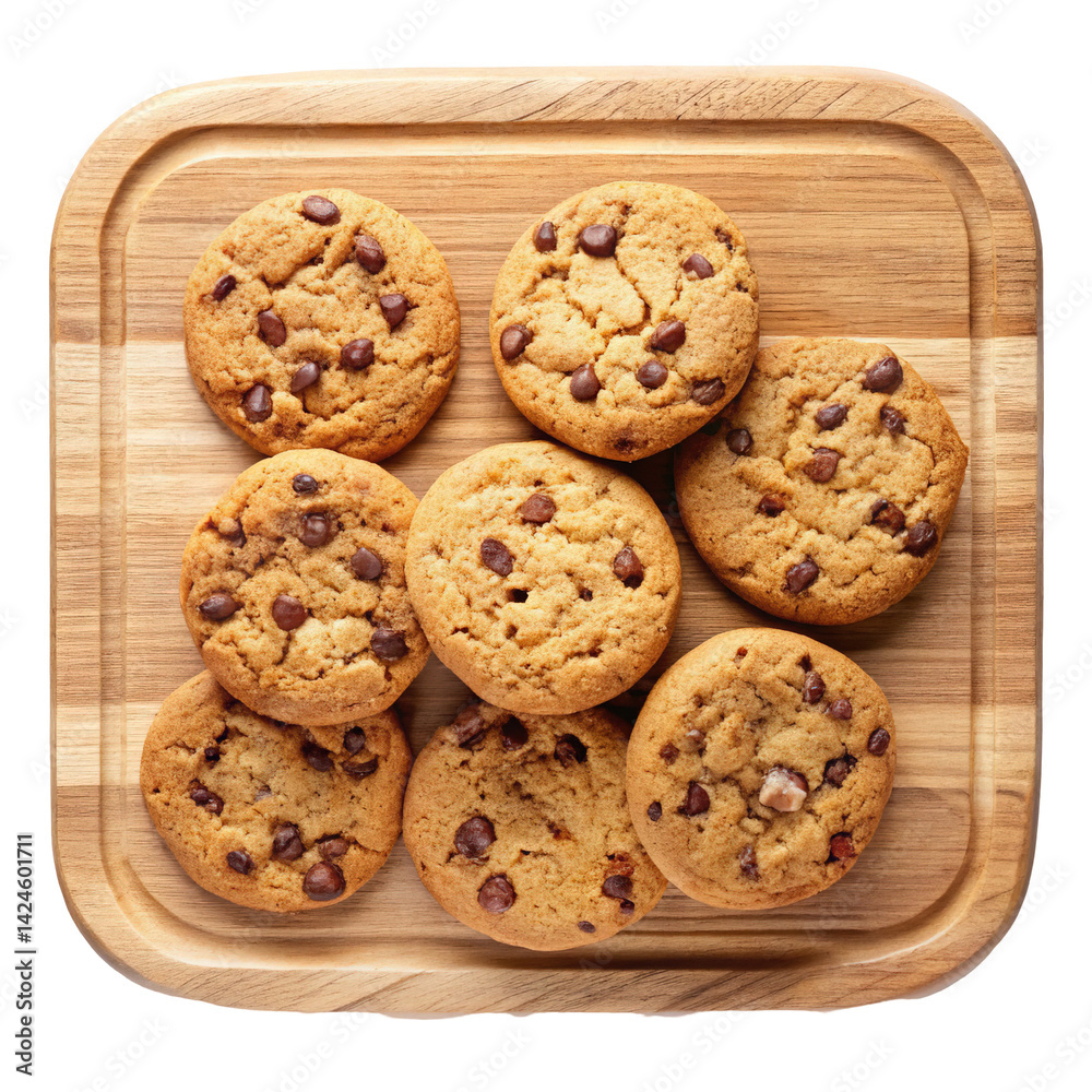 Overhead shot of delicious chocolate chip cookies on a wooden cutting board Overhead shot of delicious chocolate chip cookies on a wooden cutting board