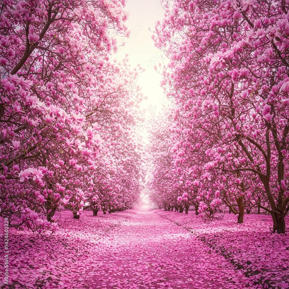 Naklejka premium Pathway covered with pink petals through blooming magnolia trees