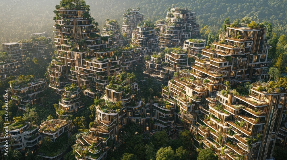 Obraz premium Sustainable city nestled in a lush mountainous landscape. Elevated structures with green vertical gardens and organic design
