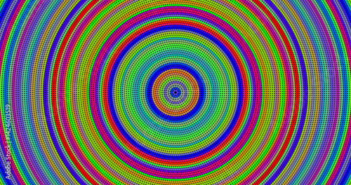 Bright concentric circle pattern with rainbow palette. Style: op art, psychedelic, digital abstraction.