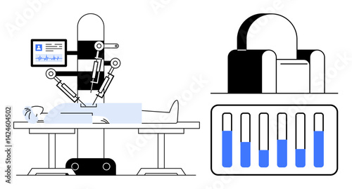Robotic surgical arm operating on patient in sterile environment, medical monitoring display, test tube samples. Ideal for healthcare, AI, surgery, innovation, technology, automation simple landing