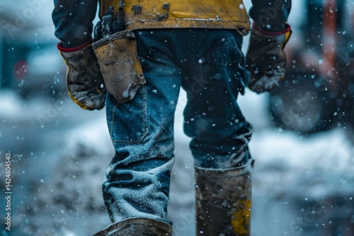 A close-up of a construction worker's lower body, showing protective wear during work in snowy conditions, symbolizing dedication and hard work against harsh weather