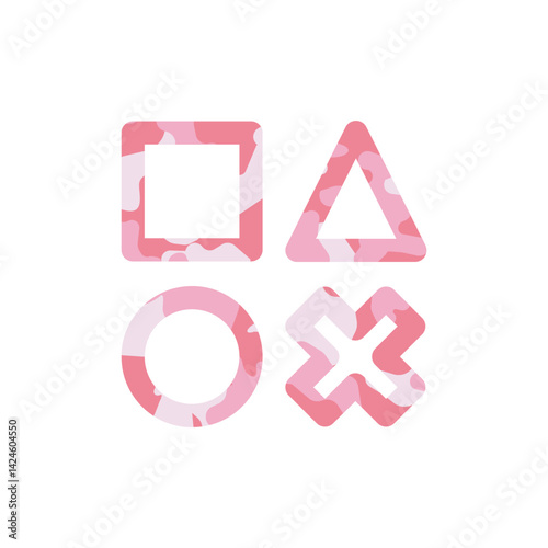 Shapes of squares, triangles, circles and crosses commonly used for game console controls with pink camouflage pattern. Vector