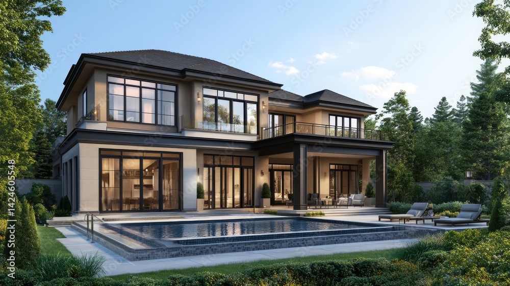 Architectural blueprints for a contemporary house are laid out by a sparkling pool, implying the design process for a luxury home. Architectural blueprints for a contemporary house are laid out by a sparkling pool, implying the design process for a luxury home.
