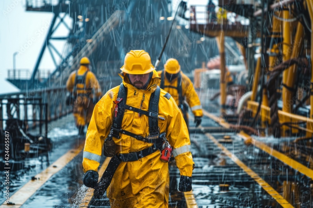 Fototapeta premium A group of workers in yellow rain gear navigates an offshore platform during a rainstorm, showcasing teamwork and resilience in harsh conditions