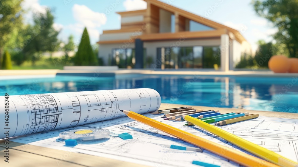 Fototapeta Architectural blueprints for a contemporary house are laid out by a sparkling pool, implying the design process for a luxury home.