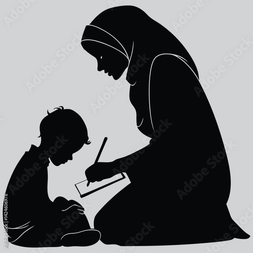 Mother helping with homework image silhouette design vector art and illustration	
