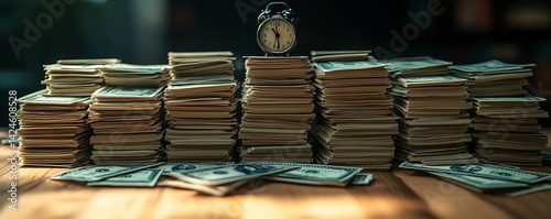 Stacks of money growing in height from left to right, with a shadow of a ticking clock overlaying them, symbolizing compounding interest and financial growth.