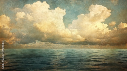 Serene ocean under dramatic cloudy sky with vintage texture