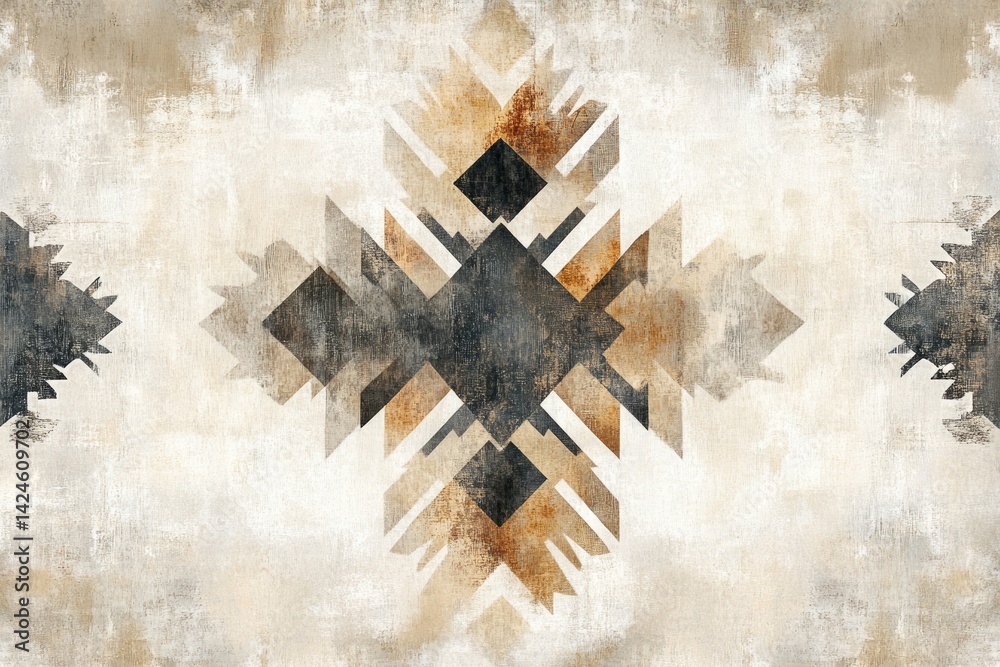 Fototapeta premium Abstract geometric art with neutral tones and a textured, distressed background creating a symmetrical design.
