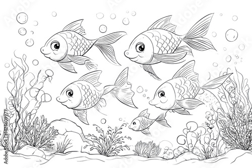 Underwater School of Fish Coloring Page – Printable Kids Ocean Scene Art