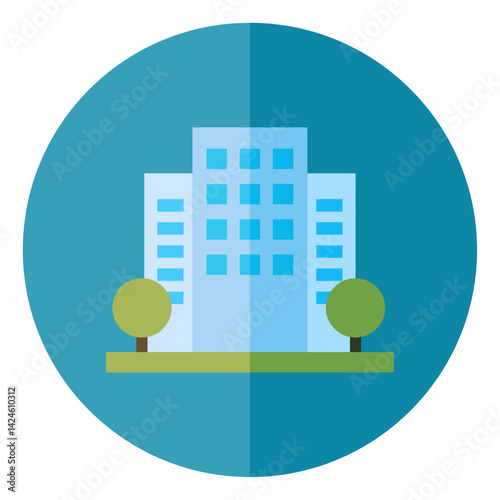 modern office building flat icon in a teal circle
