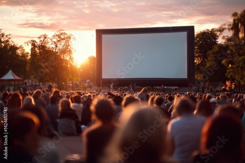 Outdoor cinema gathering with a large screen at sunset, creating a community event.