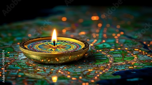 Lit compass on map, guiding journey