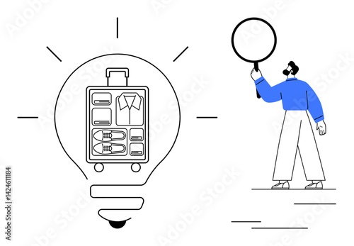 Lightbulb with packed suitcase inside next to person holding magnifying glass. Ideal for travel, packing tips, innovation, creative ideas, organization, problem-solving, simple landing page
