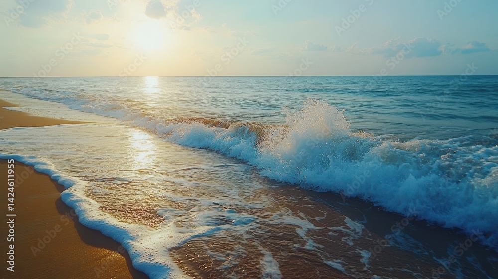 Fototapeta premium Calm ocean waves on sandy beach at sunrise with soft clouds