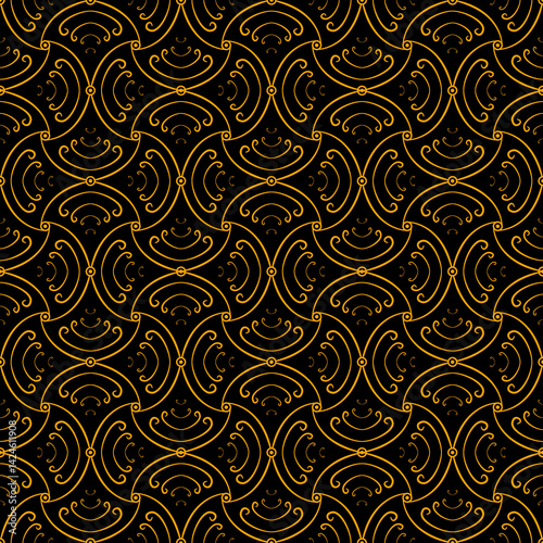 Seamless pattern of traditional asian motifs. gold outline, black background, batik, curve, brown, geometric.