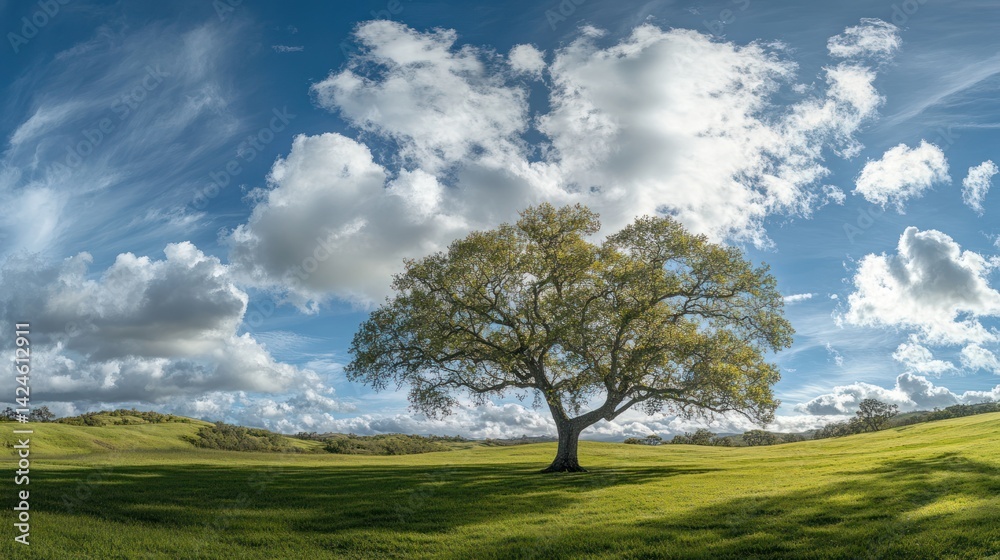 Obraz premium Sunny Spring Day, Lone Oak Tree, Open Field