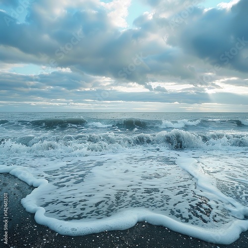 Stormy waves crashing with power, tide rising rapidly, dark clouds hanging above, with the ocean surface churning and foamy