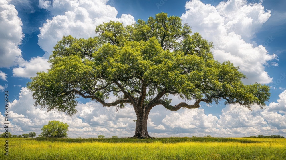 Majestic oak tree in a field under a vibrant sky. Perfect for nature, outdoors, and landscape projects Majestic oak tree in a field under a vibrant sky. Perfect for nature, outdoors, and landscape projects