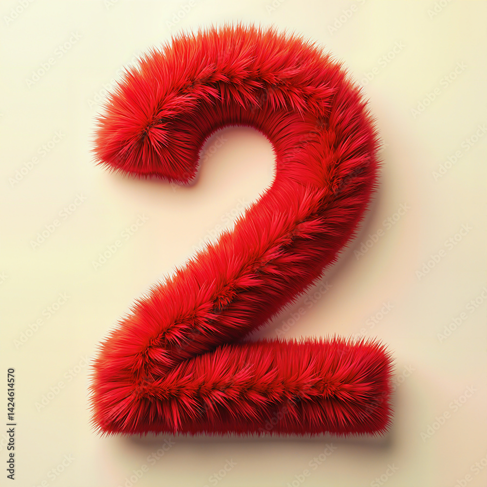 A fluffy red number two on a light background, celebrating a second birthday. A fluffy red number two on a light background, celebrating a second birthday.