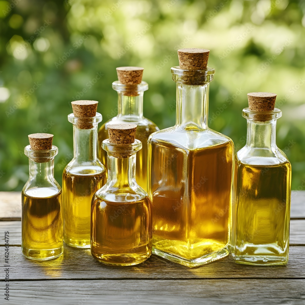 Assortment of Glass Bottles Filled with Golden Oil on Wooden Surface Assortment of Glass Bottles Filled with Golden Oil on Wooden Surface