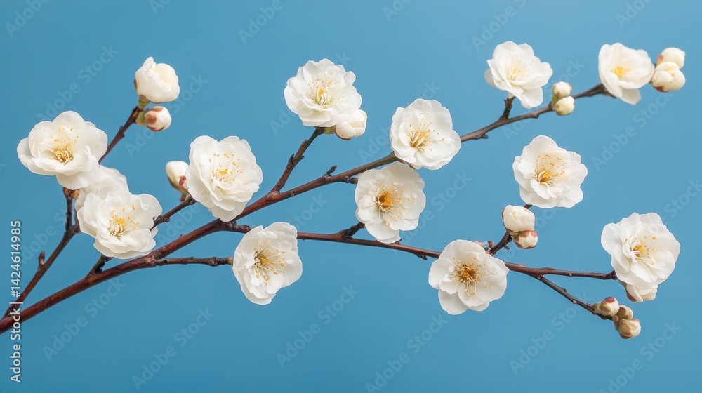 White plum blossoms on branch against blue background White plum blossoms on branch against blue background