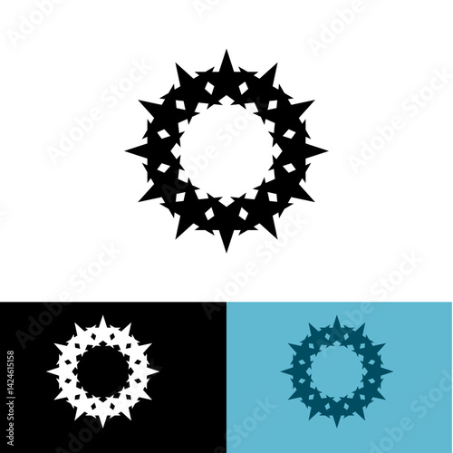 Logo of twelve intersecting stars. Circle, logo, award, emblem. Vector