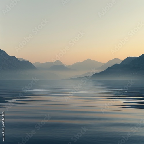 Early morning mist hovering over calm waters, distant mountains fading into the horizon under soft golden light.