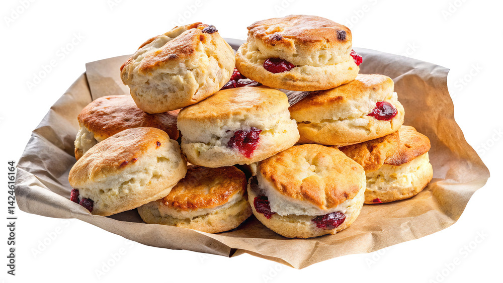 Delicious pile of scones with jam on parchment paper, ready to eat Delicious pile of scones with jam on parchment paper, ready to eat