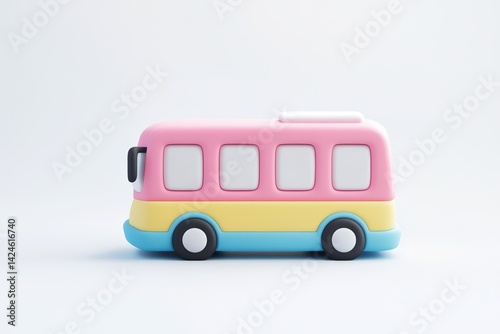 3D icon of a pastel-colored school bus with soft rounded shapes in yellow, pink, and blue tones. Minimal design perfect for kid-friendly visuals, apps, or educational content.