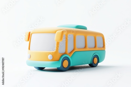 3D icon of a pastel-colored school bus with soft rounded shapes in yellow, pink, and blue tones. Minimal design perfect for kid-friendly visuals, apps, or educational content.
