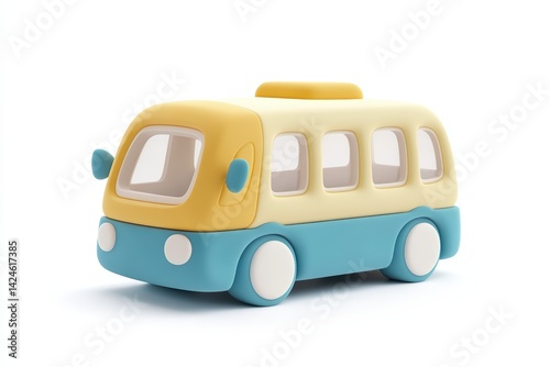 3D icon of a pastel-colored school bus with soft rounded shapes in yellow, pink, and blue tones. Minimal design perfect for kid-friendly visuals, apps, or educational content.