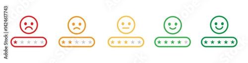 Feedback emoji icons customer satisfaction rating emoticon face expressions sign five stars, outline good bad happy sad angry neutral smile gauge reaction service level symbols - vector.