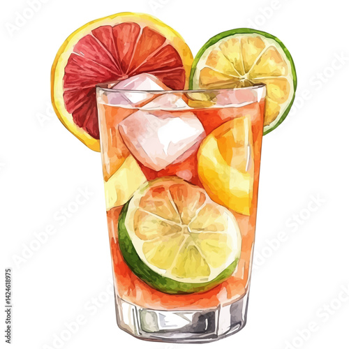 Tropical drink with sliced citrus and ice, watercolor illustration, isolated on a white background.

