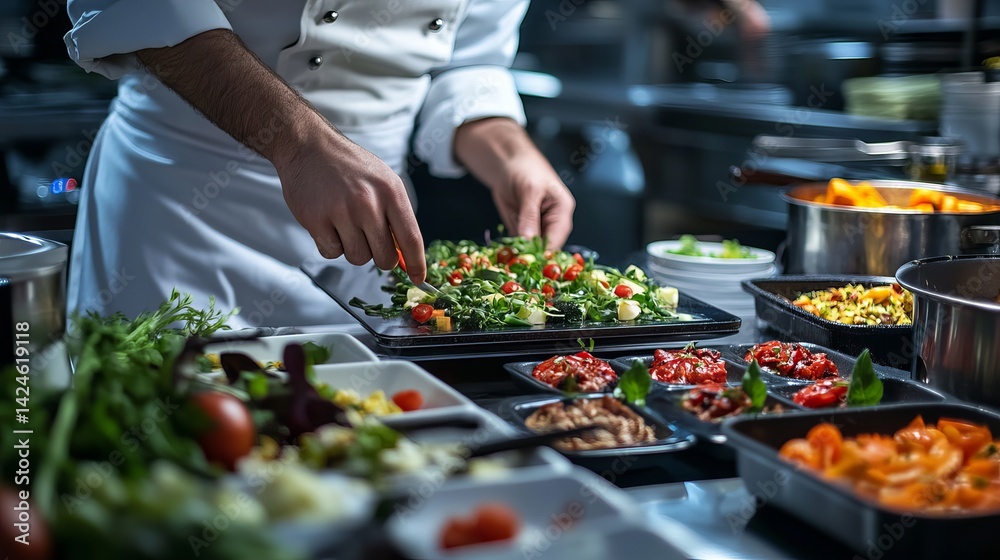 Obraz premium Professional chef preparing delicious gourmet salad with fresh vegetables red food meal dish lunch